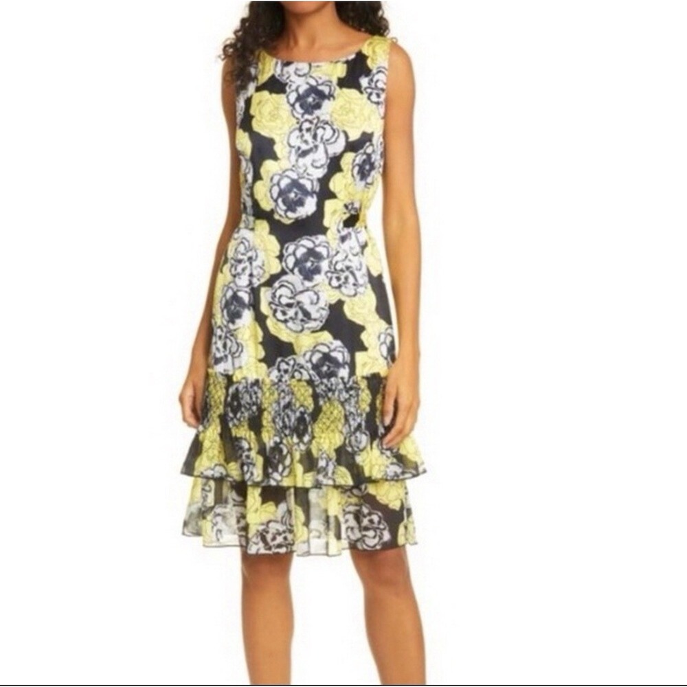 Dyvna Chacha Ruffle Floral‎ Yellow/Black Silk Dress Drop Waist 2